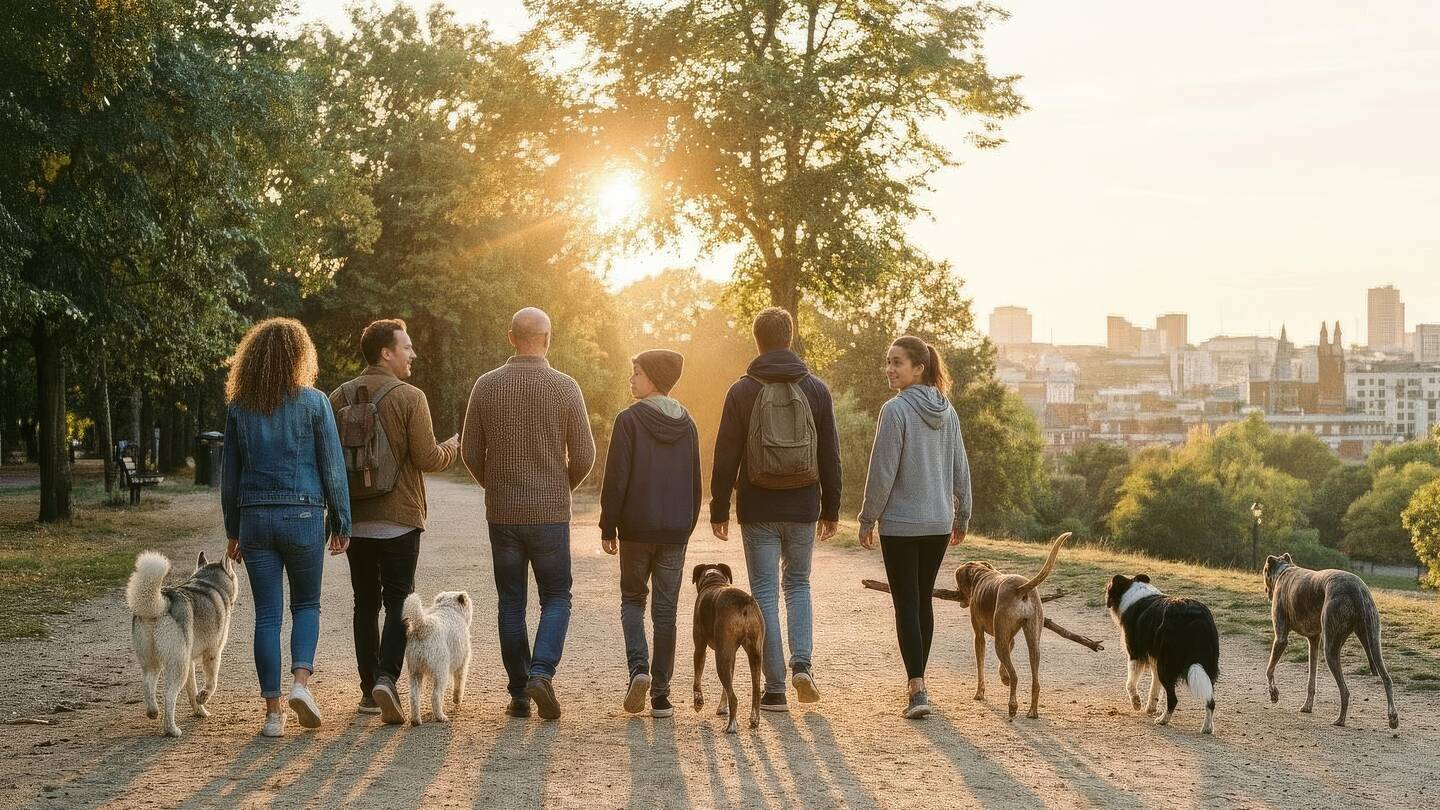 Von hinten: eine Gruppe Hundehalter geht einen Parkweg entlang davon, die Hunde laufen voraus, die Letzte blickt zurück