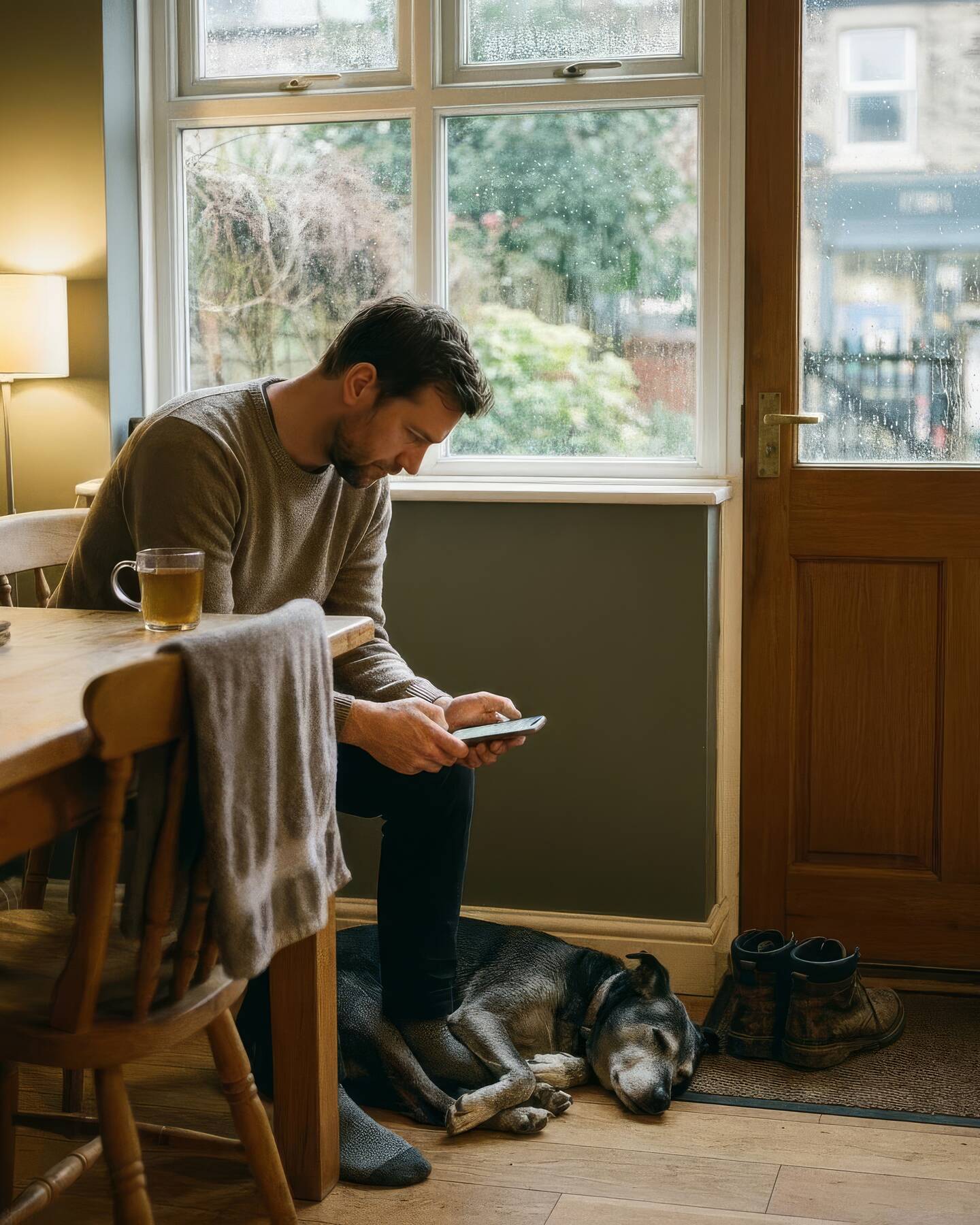 Nach dem Spaziergang: ein Hund schläft unter dem Küchentisch, während seine Halterin aufs Handy schaut