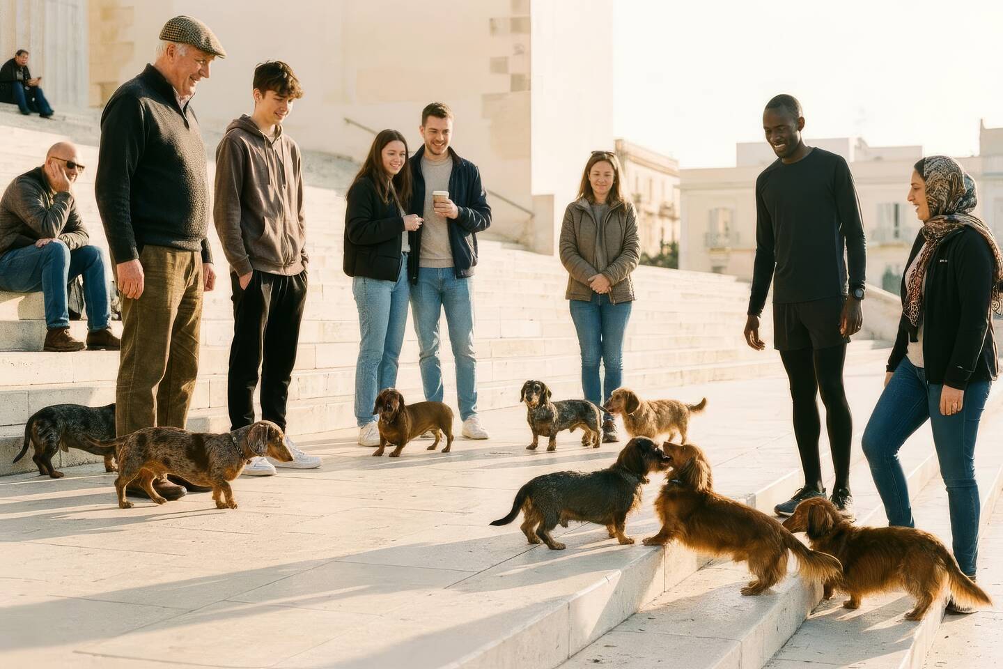 Dackelhalter und ihre Hunde auf den Stufen eines alten Platzes im Morgengrauen