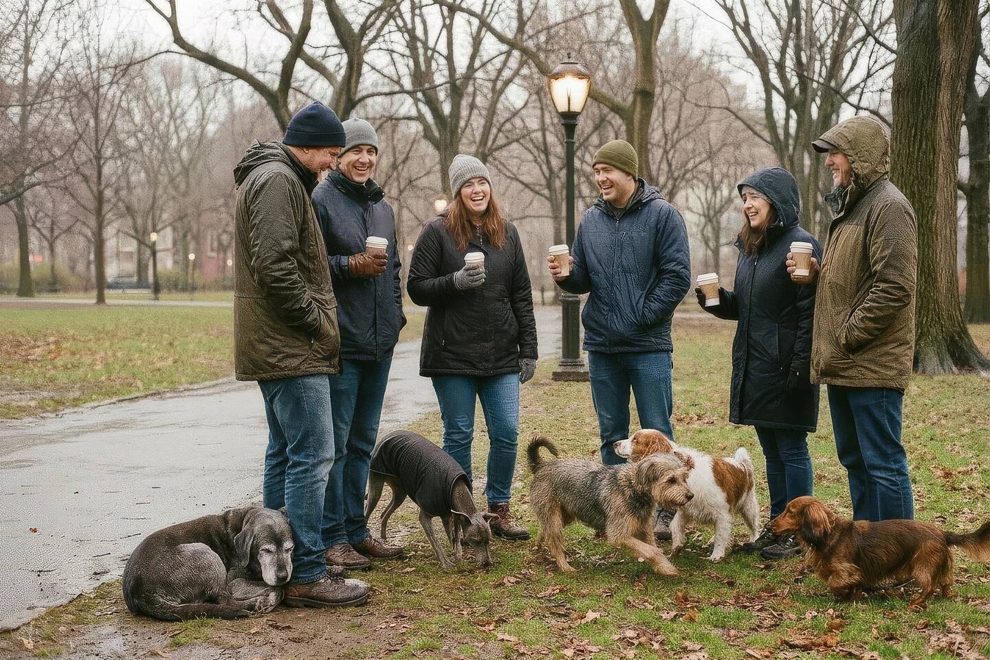Eine kleine Gruppe Stammgäste mit Kaffee und ihren Hunden in einem verregneten Park