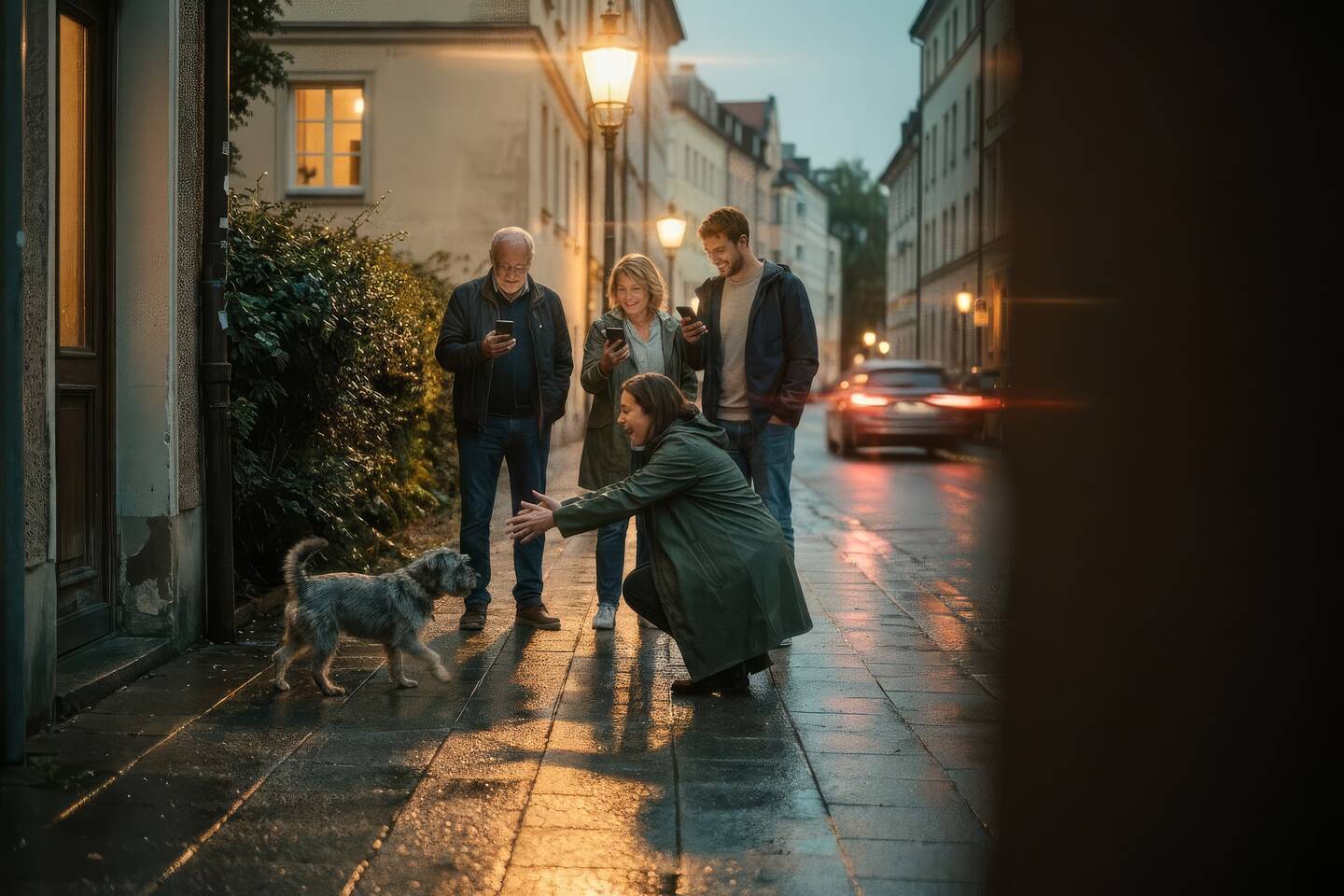 Nachbarn finden einen entlaufenen Hund in einer Straße in der Abenddämmerung wieder