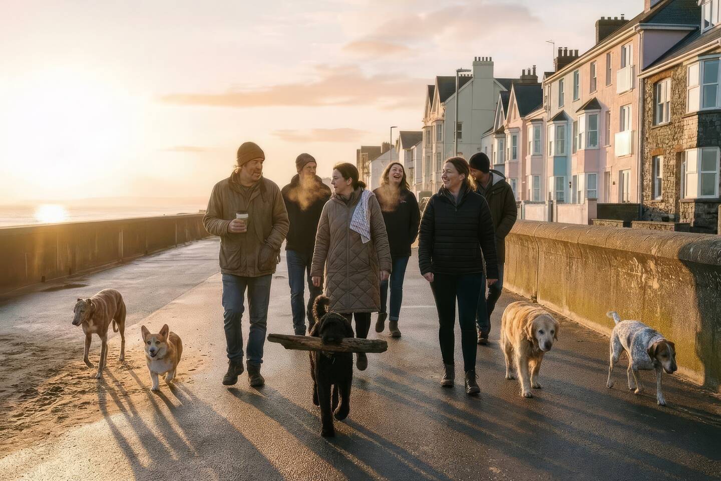 Eine lockere Reihe von Menschen und Hunden auf einer Strandpromenade im goldenen Abendlicht